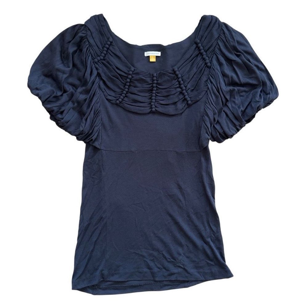 Anthro Leifsdottir black silk knit top tuxedo ruffle front puff ruched sleeves S